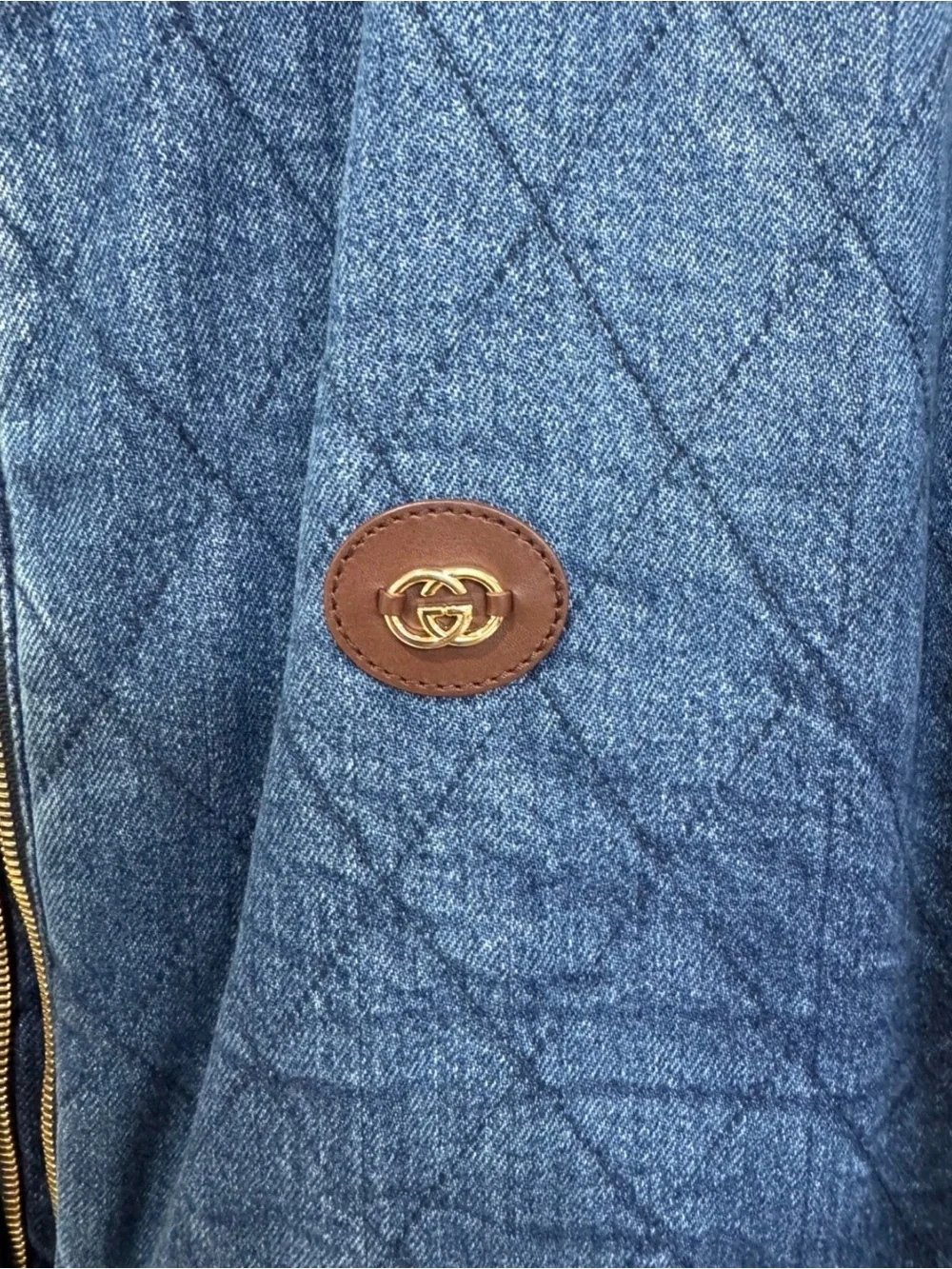 GUCCI Mens Varsity Jacket Blue Denim 2023 Removable Arms Gold Zipper sz 50 XL